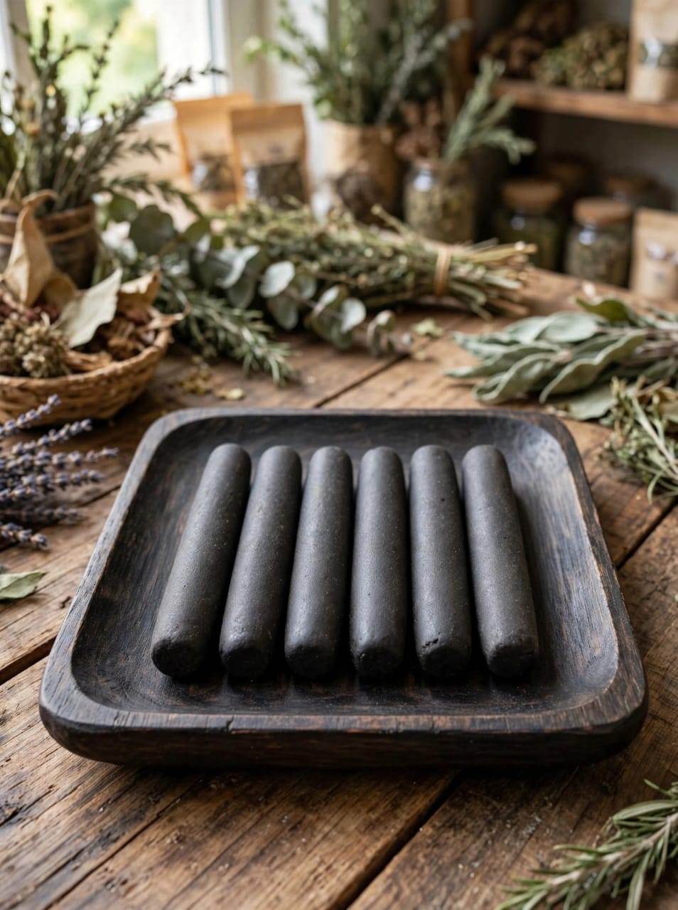 Dark herbal sticks arranged on a carved wooden tray with dried herbs and botanicals