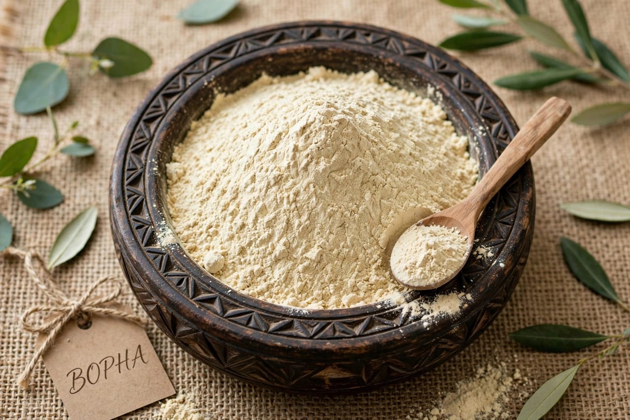 Carved wooden bowl of cream-colored herbal powder with a wooden scoop and a kraft tag labelled Bopha