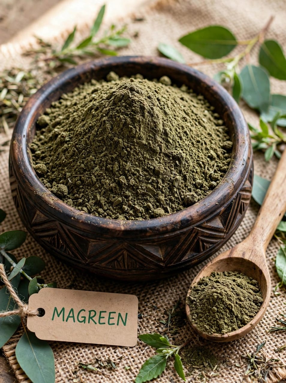 Glass jar of bright green herbal powder with a wooden spoon and fresh leaves